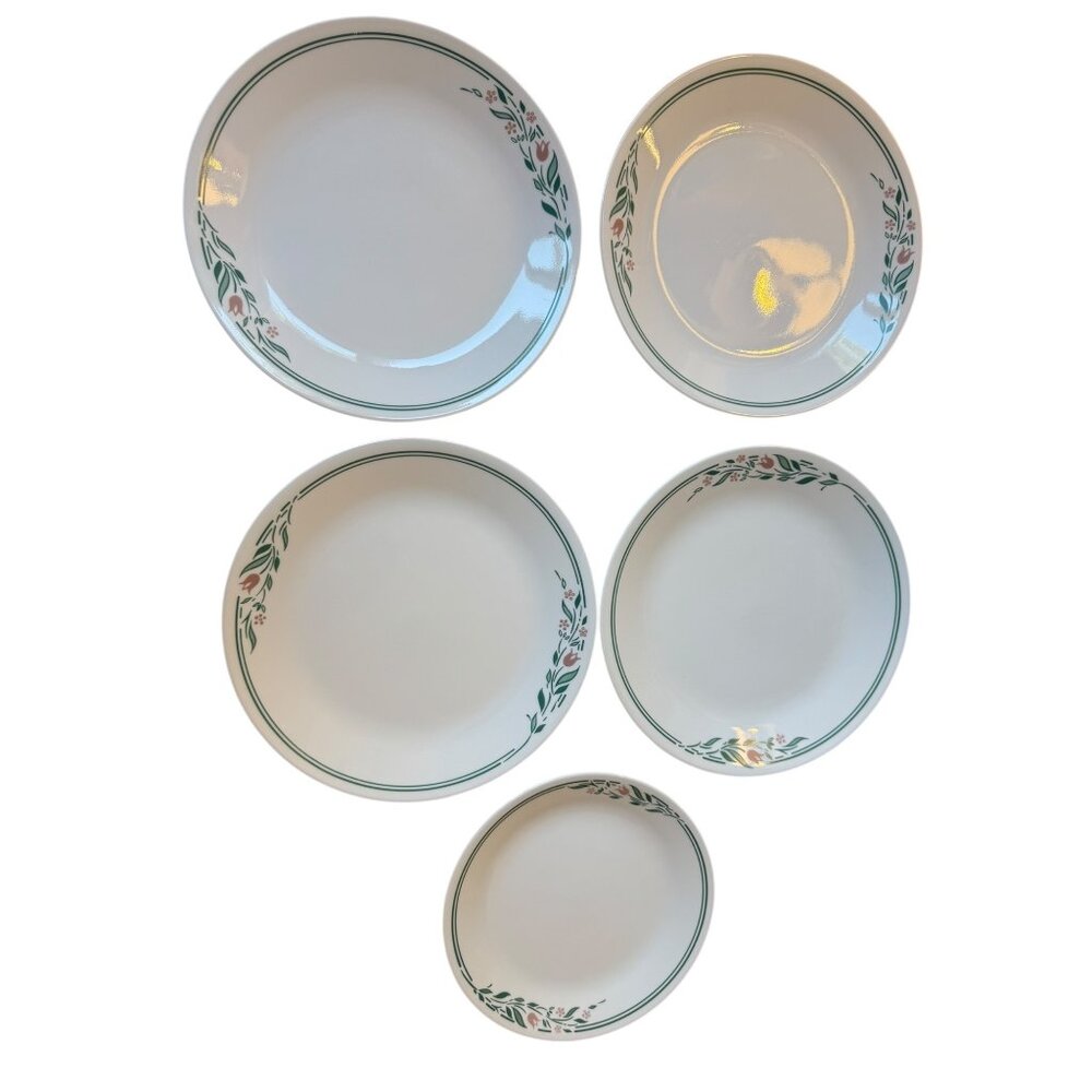 Corelle‎ English Breakfast Dinnerware Set 5pc Pink Tulip Green Floral Vitrelle